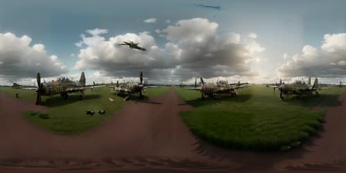 British military scene, VR360: WW2-era Spitfires, camo patterned, precise details. Stonehenge silhouette, feature background. Endless rolling fields, vibrant green. Impressionist style, masterful depth, ultra high-res VR360. British gray sky, ominous cloud cover.