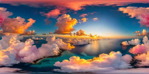 An ultra high-res masterpiece showcasing a panoramic seascape at dusk, with cotton candy pink clouds melting into the horizon above flawless azure waters, capturing the essence of tranquility and wonder in impeccable detail.