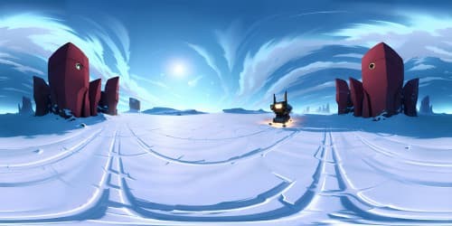 Masterpiece quality VR360, ultra high-res, blizzard-engulfed VR360 barren plains at night, frozen wastelands, heaped snowdrifts, frost-ridden icy flats. Digital painting style.