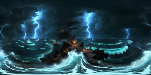 Masterpiece VR360 view, ultra-high resolution, tumultuous ocean waves battling, electrifying lightning storm spectacle, night-sky panorama. Dominant, menacing thunderclouds, charged, electrified ambience. Sea foam silhouettes in chaotic dance, Pixar-style finesse. Emphasis on visual richness, captivating VR360 impact.