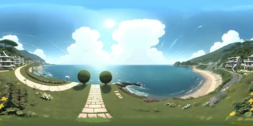 Masterpiece quality, ultra-high resolution VR360. Coastal residence, fantastical sea view. Subtle shimmer, vast, reflective water surface. Soft pastel palette, charming, quaint house forefront. Overarching, soft-hued sky, wistful cloud shapes. VR360 display, tranquil, surreal visual richness. Nostalgic, Studio Ghibli-esque art style.