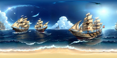 "One Piece" anime style, Thousand Sunny ship deck, VR360 view. High-resolution, vibrant colors, extravagant detail. Straw Hat crew in distinctive poses, VR gadgets in hands. Grand Line expansive seascape, sunny skies, few fluffy clouds. Pulsating excitement, playful atmosphere for VR gaming. Masterpiece-level art.
