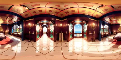 Ultra high-res VR360, ornate chandelier, baroque wallpaper, antique furniture, masterpiece artwork, VR360 reflective marble floor. Art Nouveau style, vivid colors, hyper-realistic rendering
