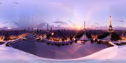 VR360 masterpiece, ultra-high resolution. Frost-bitten architecture of Paris, pristine snowfall, dominant Eiffel Tower. Surreal sun replacement, gigantic meatball, glowing warmth. VR360 view, winter-induced pastel palette, Pixar-style execution.