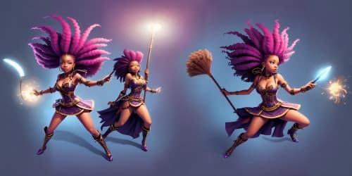 three african american females witches. one has dreadlocks. one has a glowing broom. they are wearing thigh high boots.