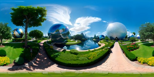 Disney-styled, iconic Epcot. Gleaming futuristic sphere, vibrant gardens around. Grassy hills, picturesque lake. VR360 panoramic, ultra-high-res Disney animation aesthetic. VR360 Epcot, timeless joy, colorful visuals.