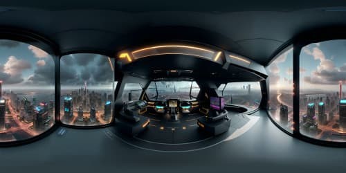 Zenith-quality VR360, high-res cyber cityscape, from plush armchair silhouette, skyscraper-side. Ultra HD VR360 panorama, cascading heavy rain on glass, distant rain clouds view. Solid bedroom floor, solitary window view.