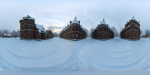 collapsing renaissance Gothic tall castles. in dark dim snowed scenes. snow falls in fallen bricks and walls