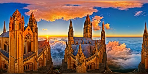 A grand, awe-inspiring cathedral under a radiant, golden sunset, intricate stained glass windows gleaming with vibrant colors, towering spires reaching towards a flawless, azure sky, intricate stone carvings deeply textured.