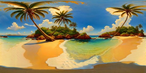 A pristine tropical beach with flawless golden sands, azure waters, swaying palm trees, dazzling sunlight dancing on the tranquil surface, meticulously captured in ultra-high resolution to showcase every exquisite detail.