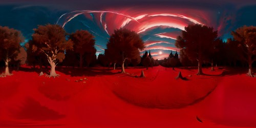 VR360 horror masterpiece, chilling silhouette against blood-red sky, gnarled, lifeless trees, VR360 ultra high res, uncanny moonlight, spectral shadows, Gothic architecture, Disney/Pixar-styled exaggeration, distorted perspective.