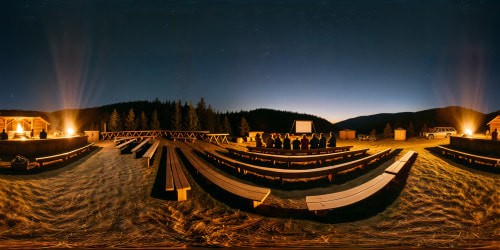 Campgroundbake screen theater with log seats at night time