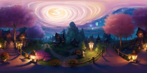 enchanted forest with treehouses, colorful flowers and autumn leaves at night with stars and lanterns skyview