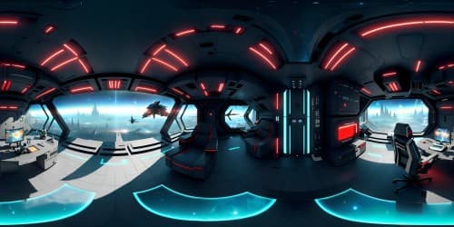 A futuristic room in a spaceship with floor to ceiling windows overlooking a new star exploding, red and blue ambient lighting, dark theme, space, ultra detailed, award winning design, high contrast