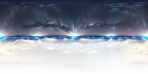 Moonlit night, ultra high-res snowy landscape, pristine diamond snowflakes. VR360 view of Christmas tree forest, luminescent sea of twinkling lights. VR360 masterpiece quality, flawless sharpness, extreme detailing.