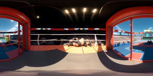 Highest quality VR360, detail-dense, colossal wrestlemania ring center view. Ultra high-res textures, ringside drama, no humans. Hyper-realistic, intense wrestling atmosphere in VR360