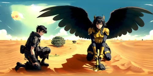 a man with ONE-SIDED HUGE black-feather wings (kneel down on desert ground) DIM environment 