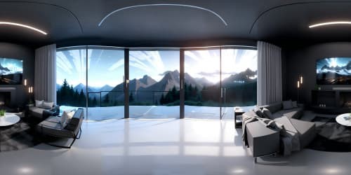 an open space lobby viewing the mountains behind tall glass walls. the room has been styled with modern furniture