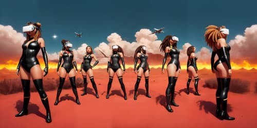 five african american women wearing dark red leotards with thigh high boots. one woman has dreadlocks. there are four women.