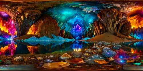 A breathtaking, flawless, immense crystal cavern under a gleaming subterranean lake, refracting light, intricate crystal formations, shimmering reflections, multicolored gems, deep aquatic luminescence, ultra high resolution, perfection.