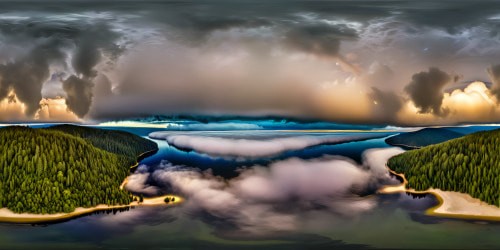 Glistening ash lake under an ominous sky, towering archtrees, shimmering water reflecting the eerie moonlight, detail-rich shoreline, hauntingly beautiful.