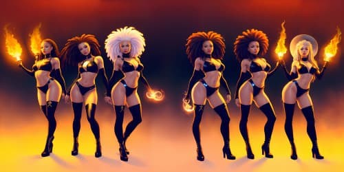 four women wearing white leotards with thigh high boots. they are evil sorceresses'. they are african american women_one woman is carryinga glowing red mace_two of the women have dreadlocksFOUR AFRICAN AMERICAN AMERICAN WOMEN WEARING RED LEOTARDS AND THIGH HIGH BOOTS' THEY ARE WITCHES. ONE HAS DREADLOCKS. ONE WITCH IS CARRYING A FLAMING TRIDENT.