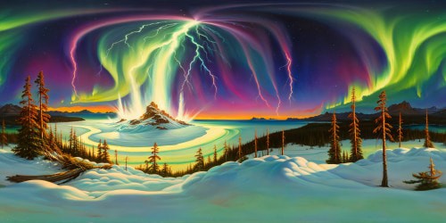 In a surreal arctic paradise, snow-draped palm trees glisten beneath a mesmerizing aurora borealis, guiding towards an iridescent lightning portal crackling with mystical energy, all portrayed in flawless, ultra-high resolution.