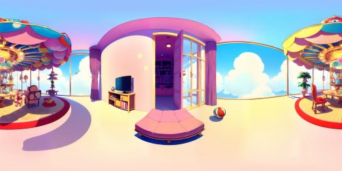 VR360 immersive view, toddler's room, lavish pastel hues, soft plush carpet, oversized teddy bear, dreamy cloud wallpaper. Carousel mobile, bead maze on tiny table, puzzle floor mat, Pixar-styled vibrancy. Ultra high res, VR360 panorama, visually rich, masterpiece detailing.