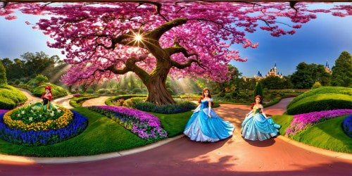 A flawless garden adorned with enchanted blossoms, each Disney princess gracefully posing amidst vibrant flora, radiant sunlight casting a golden halo on their elegant forms, each revealing a hint of sparkling armpits under the dappled light, a magical tableau captured in stunning ultra-high resolution, a mesmerizing masterpiece of mythical allure.