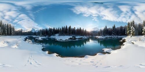 VR360 hyper-realistic masterpiece, ultra high-res, golden sunset casting vibrant reflections on the shimmering lake. Encircling thick evergreen woodland, distant mountains capped with pure white snow. VR360 ultra high-res, overarching style of uncompromising hyper-realism.