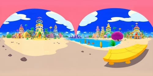 Cartoon-style, ultra-high-resolution VR360, Spongebob-inspired world, underwater Bikini Bottom cityscape, pineapple house, Krusty Krab, vivid colors, masterpiece.