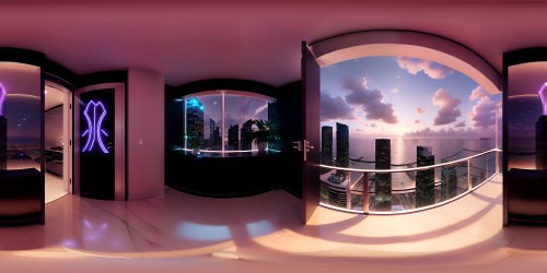 Miami skyline, VR360 penthouse view, neon glow, glinting skyscrapers, twinkling star reflections on ocean, tropical foliage silhouette. Style: ultra high-res digital art, glossy finish, depth-of-field effect, meticulous masterpiece detailing, VR360 vibrant hues.