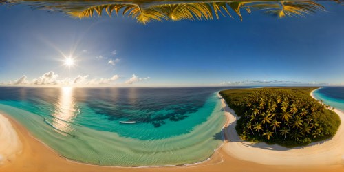 A pristine, flawless tropical paradise along a vibrant coastline, crystal clear turquoise waters lapping at golden sands, swaying palm trees under a cloudless azure sky, ultra high-resolution.