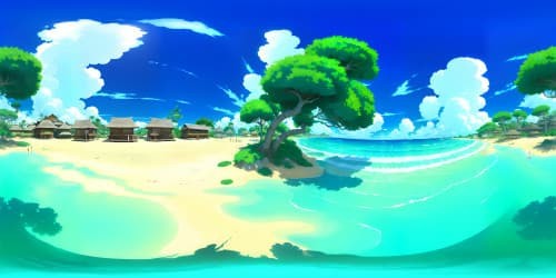 Tropical beach scene, Tsunade-inspired, VR360 view. Azure sky, fluffy cumulus clouds. Beach chair central, stylized à la Naruto. Fine sand texture, radiant turquoise sea. Sundrenched, glittering waves. Blue bikini, high-resolution detail. Ultra-realistic, anime-influenced art style, vibrant colors, bold lines. Masterpiece, VR360 panoramic view.