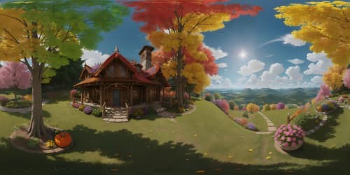 cabin on a hill over looking a field of colorful flowers and autumn leaves at night skyview