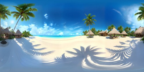 VR360 masterpiece, paradisiacal island, ultra high resolution. Tropical palm trees, pristine white sand, vibrant coral reefs under crystal clear turquoise waters. Radiant sun overhead, flawless sky. VR360 view, paradisaical perfection in digital painting style.