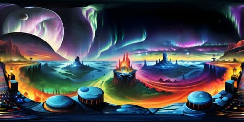 Masterstroke VR360 artistry, ultrahigh-resolution detailing. Breathtaking, vivid colors, VR360 aesthetic elegance. Infinite starry night panorama, scintillating northern lights display, sparkling celestial bodies. Pixart-style rendering, abstract surrealism hints.