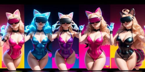 five princesses_wearing pink leotards_one woman has blue eyes_two of the women are blonde_they are squatting_spread_arms above their heads_close up of armpit_ cat ears