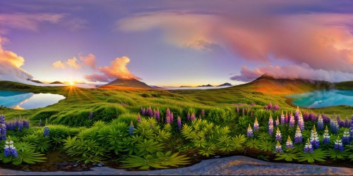 Icelandsummer landscape quiet morning foggy mood crisp calm reflections in opaque bright aqua hot springs ponds across the landscape of tundra and lupine flowers with distant highland mountains beautiful sunrise over the open horizon