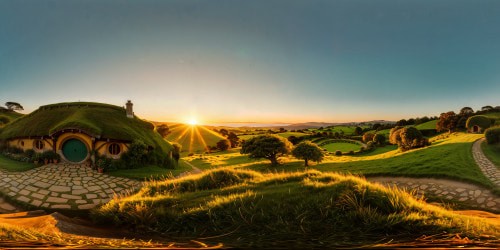 Immaculate, flawless Hobbiton in ultra-high resolution; vibrant rolling hills dotted with colorful hobbit holes, intricate details, perfect sunrise lighting, meticulous craftsmanship.