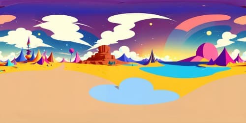 Masterpiece quality, ultra-high res VR360, Simpsons-inspired sky vistas. Quirky, abstract cloud formations, pop-art sunset hues. Dynamic, Picasso-esque shapes. Fantasy-reality blend. Vibrant, playful, energized color palette. Visual feast in VR360, Simpsons-esque panorama.