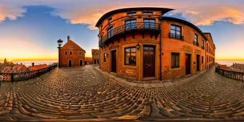 An immaculate, flawlessly detailed urban street scene captured in ultra-high resolution, showcasing rich textures of weathered cobblestones, ornate lampposts, intricate ironwork, and aged brick buildings under a golden sunset glow, a visual masterpiece in every pixel.