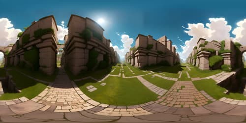 VR360 view, colossal walls, Attack on Titan inspired, weathered stone texture, ultra-high-resolution. Titan silhouettes, distant, sunset backdrop, classical outfit elements fluttering. Artistic masterpiece style, dramatic shadows, contrasting light, VR360 perspective.