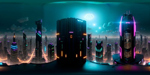 VR360 neon-lit skyscrapers, reflective surfaces, towering digital billboards. Ultra high-res structures, intricate masterpiece cityscape. VR360 under star-speckled night sky, soft glows. Neo city concept, cyberpunk style emphasized.