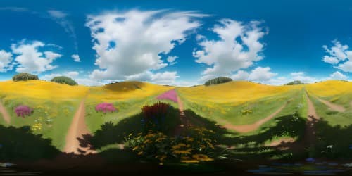 VR360 view of undulating meadow, rolling hills, dotted with wildflowers, bright blue skies with wispy clouds. Style: Ultra-high resolution, combatible with VR360 masterpiece quality, vibrant colors, sharp details.