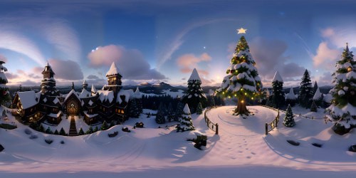 VR360 view of festive season, unadorned Christmas tree center stage, sweeping high-resolution ice-capped landscapes surrounding, masterpiece perspective. Snow-kissed pine needles, rich, natural hues, crisp ultra-HD VR360 panorama. Pixar-style rendering for an enchanting look.