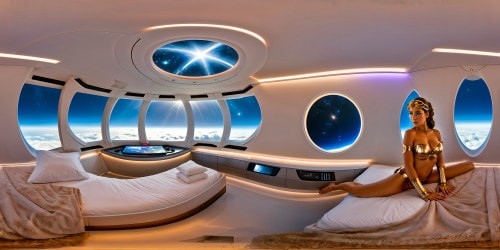 A flawlessly detailed, ultra-high-resolution futuristic spacecraft bedroom, gleaming metallic surfaces, ambient lighting illuminating advanced holographic interfaces displaying distant galaxies in mesmerizing detail, an elegantly posed figure of Slave Leia by the bedside, exuding opulent sci-fi luxury.