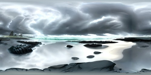 VR360 ultra high-res masterpiece: stormy grey beach, pebble-strewn shore, towering charcoal clouds, ivory sea foam on graphite waves. Reflective tidal pools, turbulent skies mirrored. Realism style, chiaroscuro contrasts, intricate detailing. Gloomy, stark, moody hues dominating. Perfect VR360 scene for storm aficionados.