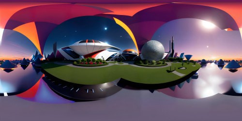 Masterpiece of Epcot, ultra high-res VR360. VR360 view of Spaceship Earth gleaming under a dusk sky, monorail gracefully curving in the distance, future world buildings casting long shadows. A Picasso-esque take, broken geometric shapes, vibrant color palette, bold outlines.