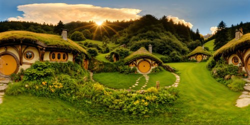 A meticulously crafted, flawless hobbit home nestled in a lush, rolling meadow, with intricate carvings on a circular wooden door, vibrant greenery adorning the thatched roof, soft golden sunlight filtering through the surrounding towering trees, a truly enchanting and ultra-high-resolution wonder.